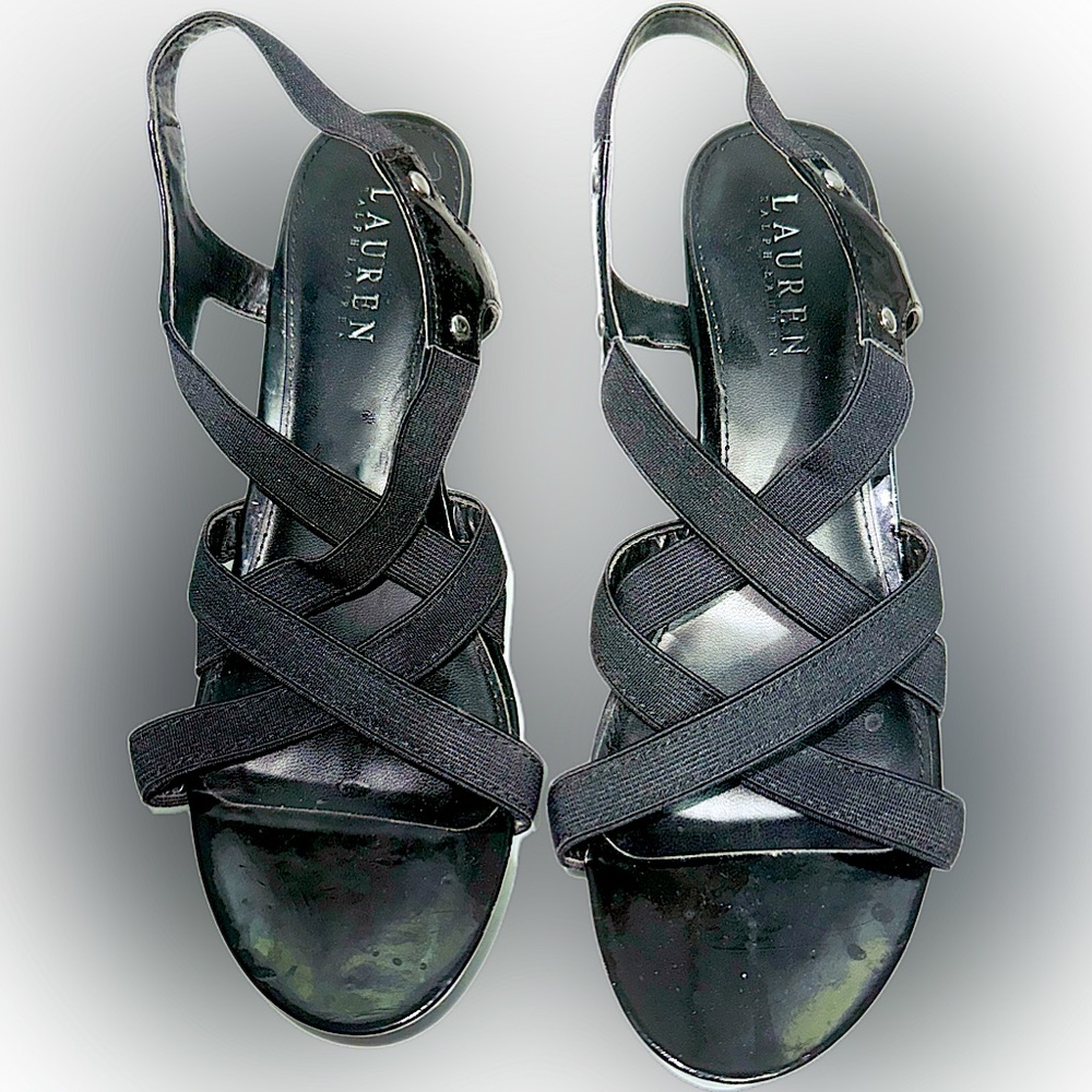 Ralph Lauren Women’s Black Patent Leather Strappy 3" Wedge Sandals Size 7B